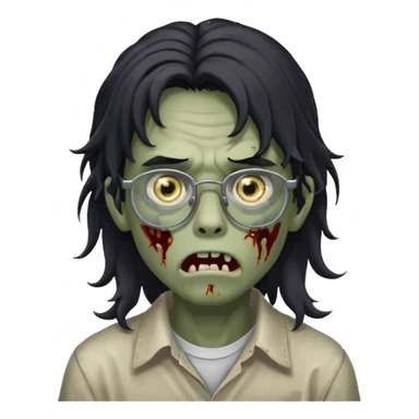 Faça um adolescente zombie com cara de assutado com cortes no rosto, com óculos é cabelos grandes ondulado preto, masculino  sticker