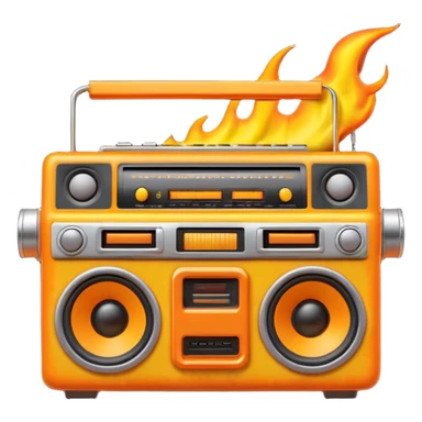 A cute 3D emoji of a retro boombox speaker with a funny shocked face, melting into orange and yellow flames, vibrant "fire" colors, high-end 3D render, white background. (This is a recreation of the fire emoji) sticker