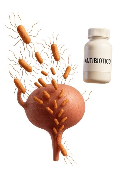 batteri intestinali che migrano ed entrano in una vescica anatomica realistica per infettarla, davanti a lei fluttua una boccetta con la scritta "ANTIBIOTICO", iperrealistico 4k sticker