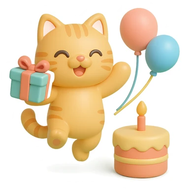ginger tabby kitten jumping with joy, holding a birthday gift, birthday cake and balloons in background sticker