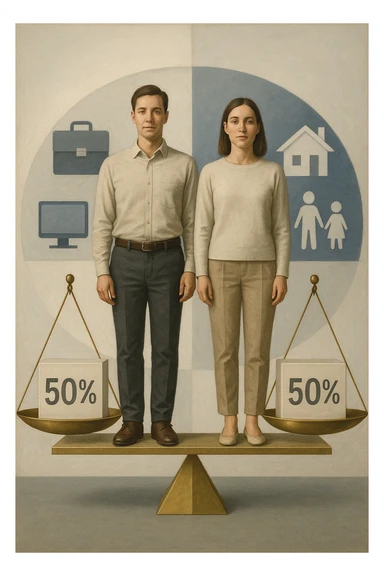 Uomo e donna in piedi l’uno accanto all’altra, al centro di una bilancia perfettamente in equilibrio. Entrambi vestiti in modo simile (moderno e neutro), con espressioni serene e rispettose. Sotto i loro piedi, due blocchi con scritto '50%' ciascuno. Sullo sfondo, elementi divisi simmetricamente: lavoro, famiglia, tempo libero, rappresentati equamente da entrambi. Atmosfera armoniosa, illuminazione equilibrata, colori neutri e simbolici (bianco, grigio, blu e oro). Stile realistico con accento simbolico sul concetto di equità in italiano sticker