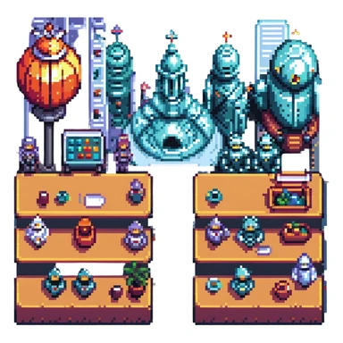 Add a detailed futuristic city as the background, keeping the Last Supper scene with knights, robots, and people at a long table in pixel art style. Make the scene vibrant and colorful with pixel art details. sticker