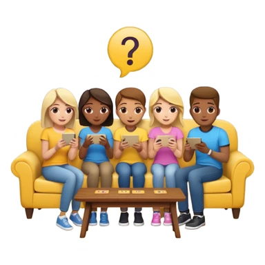 group of friends on couch playing a trivia game couch should be deep dark yellow color.  include a small wooden table in front of the couch as well sticker