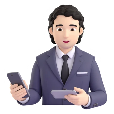 Business strategist with black wavy hair, stubble, chiseled face, wearing blazer and button-up shirt, working on digital devices, surrounded by data visualizations and AI technology, innovative tech-savvy expression sticker