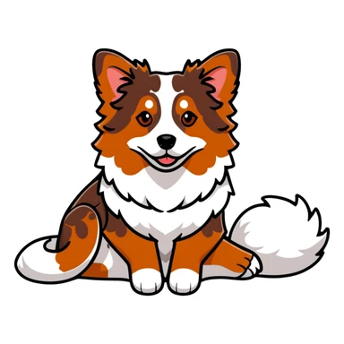 Red merle Australian Shepherd dog laying down, reddish-brown and white spotted coat, fluffy fur sticker