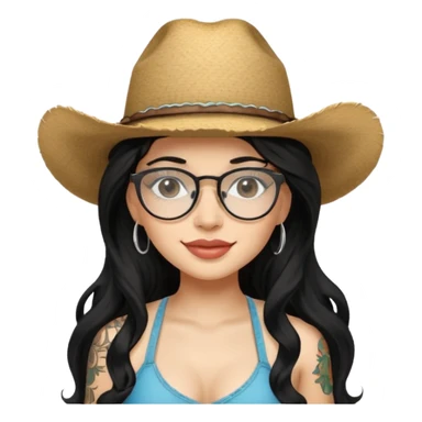una joven latina de piel clara, con cabello largo, ondulado y negro. Lleva un sombrero de vaquera claro con detalles naturales y gafas grandes, transparentes y modernas. Tiene una sonrisa suave, labios carnosos y un look seguro pero relajado. Viste un top negro tipo bikini, mostrando un tatuaje  sticker