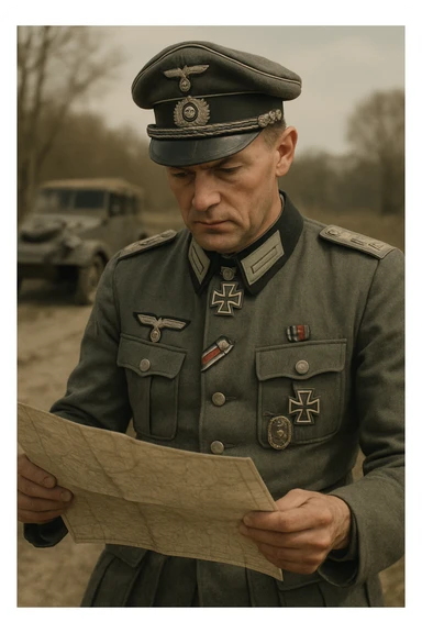 World War II German officer reading a map, classic military attire, historically accurate, detailed, realistic style sticker