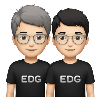 2 boys standing together. oner wearing black t-shirts with the letters 'EDG' fluffy short hair and silver rectangular glasses. the other one has black hair, smiled brightly, no glasses. the one who has no glasses is taller sticker