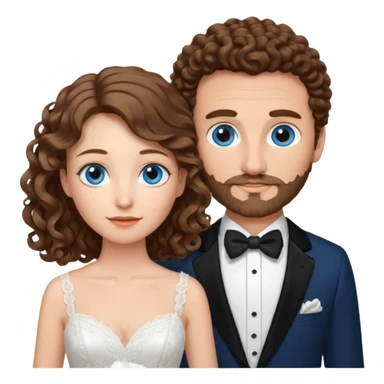 wedding couple, woman has long lightly curled brown hair and blue eyes, man has short light brown curly hair and facial hair with blue eyes sticker
