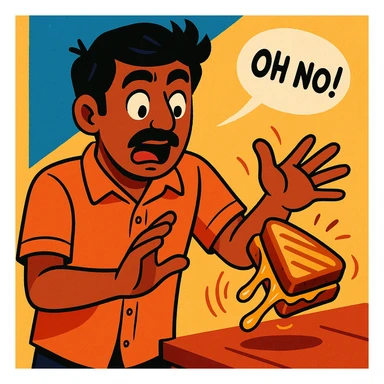 An Indian man with medium brown skin and black hair, wearing a casual shirt, accidentally dropping a grilled cheese sandwich, expressive and lighthearted scene, vibrant toon style sticker