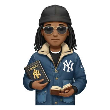 African American man with shoulder length black dreadlocks and black sunglasses wearing a black New York Yankees baseball hat with a North Face brand bubble winter coat with denim skinny jeans and timberland boots walk holding a holy bible sticker