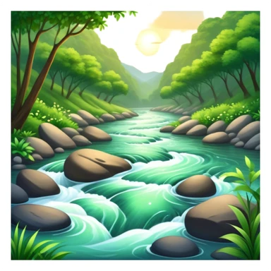 Cinematic Realistic River Emoji, Serene and flowing, with sparkling water meandering through lush greenery, surrounded by trees and rocks. The sun dances across the rippling surface, creating glimmering reflections while birds fly overhead. Soft glowing outline, capturing the essence of peacefulness and tranquility in a meandering river. sticker