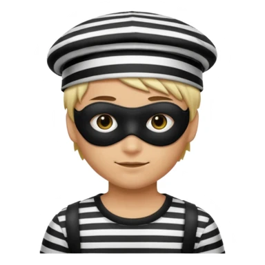 Realistic ios emoji-style portrait of a classic burglar, a black eye mask and a black-and-white striped shirt. Highly detailed, natural skin texture, soft cinematic lighting, realistic shadows, smooth gradients, clean outline, glossy reflections in the eyes. emoji-like hair, burglar’s hat  sticker