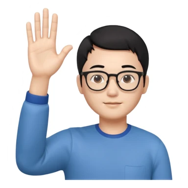 3D avatar of a Korean male frontend developer,
soft friendly expression,
short black hair with middle part,
one hand raised as if explaining,
clean and minimal style sticker