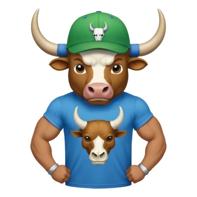 a bull wearing a green cap leveled WAGMI and wearing a blue t shirt and WAGMI designed with bulls skull and horn sticker