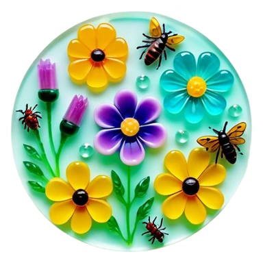 Epoxy resin art icon, jewelry and decorative items made with fluorescent epoxy resin, visible tubes of resin with bright colors, mixing tools, and molds, glowing effect on the resin, finished resin jewelry with dried flowers and insects embedded inside, minimalistic style, clean lines, transparent background. sticker