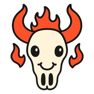 Make the white bull skull with bright red-orange flaming horns look less scary, give it a friendly and approachable expression, keep the style consistent. Remove the background. sticker