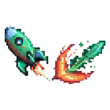 green to red gradient rocket flying diagonally to the upper right corner, with pixel art flame trail sticker