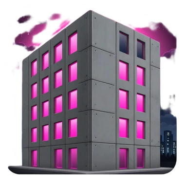 Nighttime scene of a Russian concrete panel building, dark gray rectangular structure against night sky, one window with intense bright pink UV grow light glowing in the darkness sticker