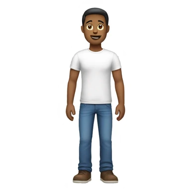 a male, full body. waving with his left hand. From the front.  Dressed with a round collar, white tshirt and blue jeans sticker