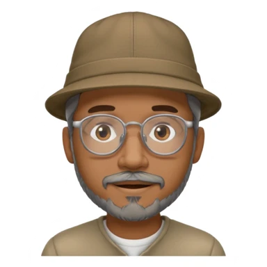 Brown man with hat no hair, but gray goatee, clear glasses and slightly smiling sticker