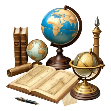 An icon featuring ancient scrolls, a quill pen, and large, old-fashioned sand clocks, symbolizing the study of history. The design includes a globe and a timeline with significant historical events, set against ruins to evoke past civilizations. Transparent background highlights the passage of time. sticker