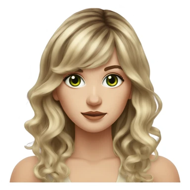 White girl green eyes with long voluminous brown hair with blonde highlights balayage bangs sticker