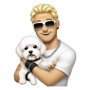 white male rapper flexing with a bichon sticker