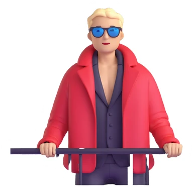 guy on balcony in winter with open jacket showing bare chest, wearing sunglasses, view from below sticker