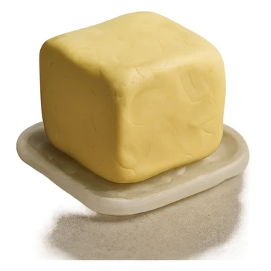 claymation style butter pat, visible fingerprints, pastel yellow sticker
