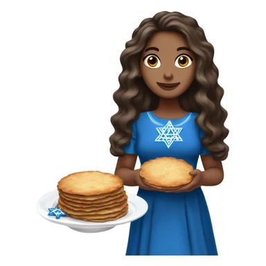 White girl in a dress for Hanukkah with long balayage dark brown hair holding latkes sticker