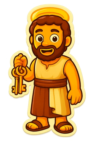 Make the colors even lighter and more saturated, matching the classic emoji yellow skin and bright robe style. Keep the sleeveless shirt and plain robes. Fullbody apostle Peter holding keys with expressive face and halo, standing, no background. sticker