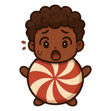 peppermint chibi character, brown male, curly hair, surprised, cartoonish and expressive sticker