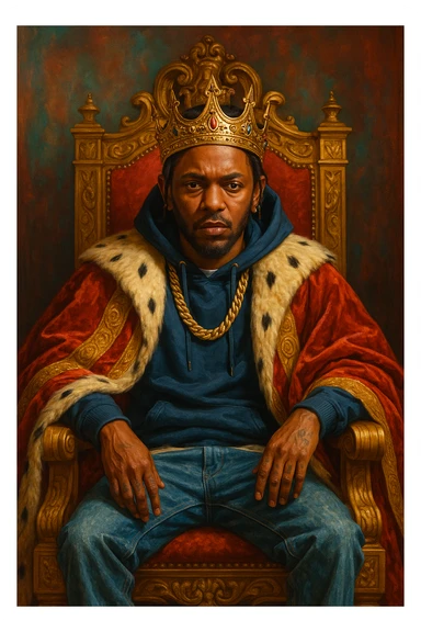 Kendrick Lamar as a king, sitting on a throne, gold crown, royal robe, serious face, urban style, vibrant colors sticker