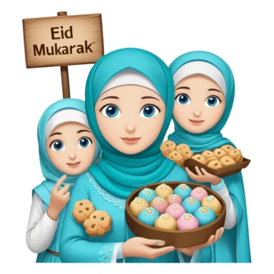Turkish beautiful finish Konya girl blue eyes with turkis hijab islamic dress and had on her hand text Eid Mubarak with sweets and celebrating with her friends eid days   sticker