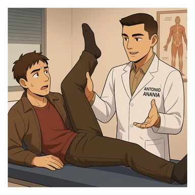 fai un webtoon manga a colori con questo stile, in cui un uomo è steso sul lettino medico e il kinesiologo con il camice bianco (fagli anche la scritta "ANTONIO ANANIA" SUL CAMICE, gli solleva una gamba per fargli il test neuromuscolare, IL KINESIOLOGO SPIEGA ALL'UOMO UNA cosa mentre gli alza la gamba. non fare i fumetti però, fai solo in modo che sembri stiano parlando sticker