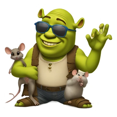 Shrek with sunglasses giving a peace sign hanging with 3 blind mice sticker