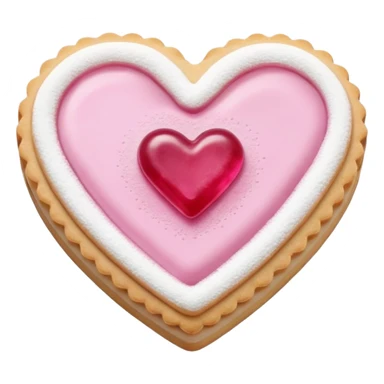 Realistic shortbread cookie in the shape of a heart with pink jelly middle filling and sprinkled powder sugar on top. sticker