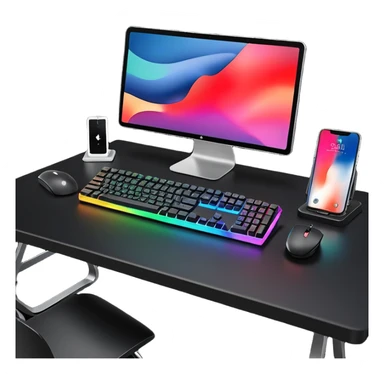 rgb gaming computer on black desk with a black keyboard and mouse sticker