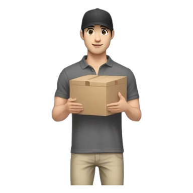 Pale skinned fit Man with black hair in a dark gray cap, gray jeans and beige polo T-shirt keeping a pasted box into his hands sticker
