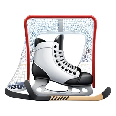 An icon showing a close-up of a hockey stick, puck, skates, and hockey net placed on the ice. The background features a packed stadium with bright lights, cheering fans, and snowy scenery outside. Transparent background highlights the key elements of the game. sticker