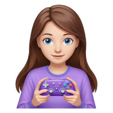 beautiful girl with long brown hair, blue eyes and wearing light purple clothes playing computer games sticker