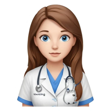 inside a classroom at university that says nursing school on the board with a pretty female nursing student with long brown hair, blue eyes sticker