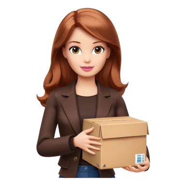 Barbie, shoulder-length reddish-brown hair, holds a package box, Barbie is wearing dark brown colored clothes sticker