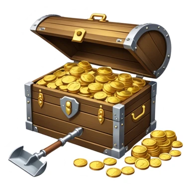 An icon featuring a treasure chest partially open, revealing gold coins and jewels. A metal detector and a shovel are nearby, symbolizing the excitement of treasure hunting. The design evokes adventure, exploration, and the thrill of discovering hidden treasures. transparent background. sticker