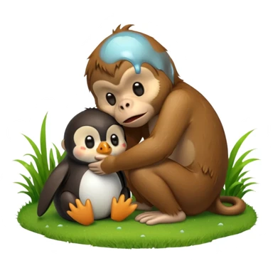 A monkey melting and crying while having a penguin on its head and both of them are touching grass sticker