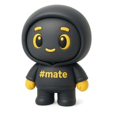 3D kawaii chibi character resembling a vinyl or clay figurine, matte texture, soft lighting with smooth shadows, volumetric surfaces. Large head, short limbs. Hoodie and body are matte dark gray or black, face slightly lighter dark gray or anthracite. Hands are yellow. Eyes are oval, expressive, with yellow outline, colored base, black pupil with highlight. Eyebrows and mouth are yellow. On the costume, the text '#mate' with the # in yellow. White or milky-white background, no extra decorations. sticker