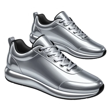 A pair of futuristic sneakers emoji made of silver chrome, sleek streetwear design, smooth metallic panels, subtle reflections, luxury swag aesthetic, iOS emoji style, centered, clean white background sticker