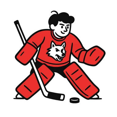 A hockey goalkeeper in red uniform with wolf image, black doodle style sticker
