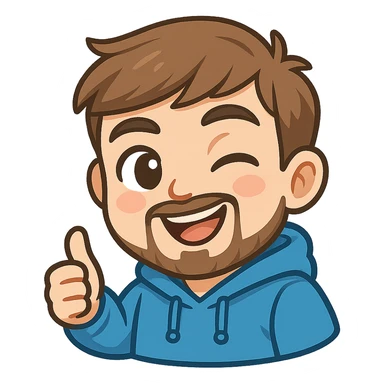 cartoon emoji of MrBeast winking, giving a thumbs up, blue hoodie, trimmed beard, brown hair sticker
